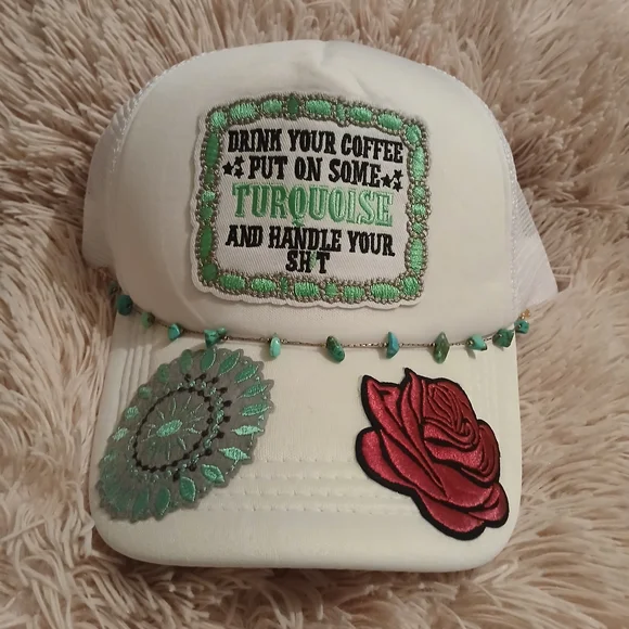 White Cap with Green and Red Embroidery - Picture 1 of 4